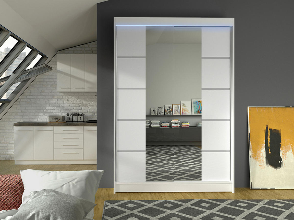SCHWEBETÜRENSCHRANK Lino V mit RGB LED Beleuchtung - Weiß, Holzwerkstoff/Metall (120/200/58cm) - MIRJAN24