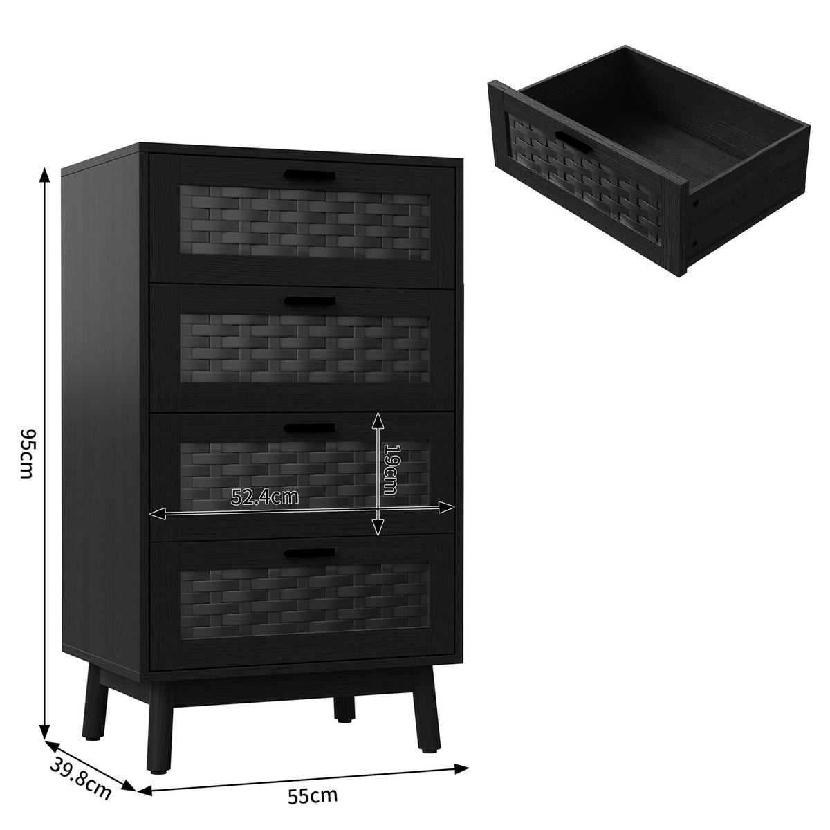 KOMMODE Japandi mit 4 Schubladen in Rattan-Optik 55/40/95 cm Schwarz - Schwarz, Holzwerkstoff (55/95/39.8cm) - Creahappy