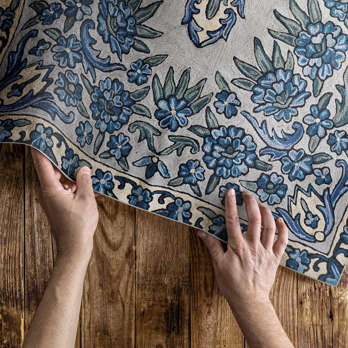 TEPPICH 140x210 cm Nepal Stickerei Pflanzendekor - Hellblau, Kunststoff (140/210cm) - Wallfluent