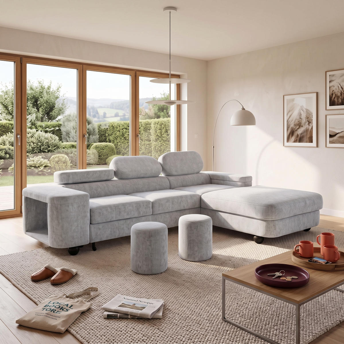 ECKSOFA LOVE L Rechts mit Schlaffunktion 124x210 Chenille Hellgrau - Hellgrau/Schwarz, Holz/Textil (205/284cm) - Muffo