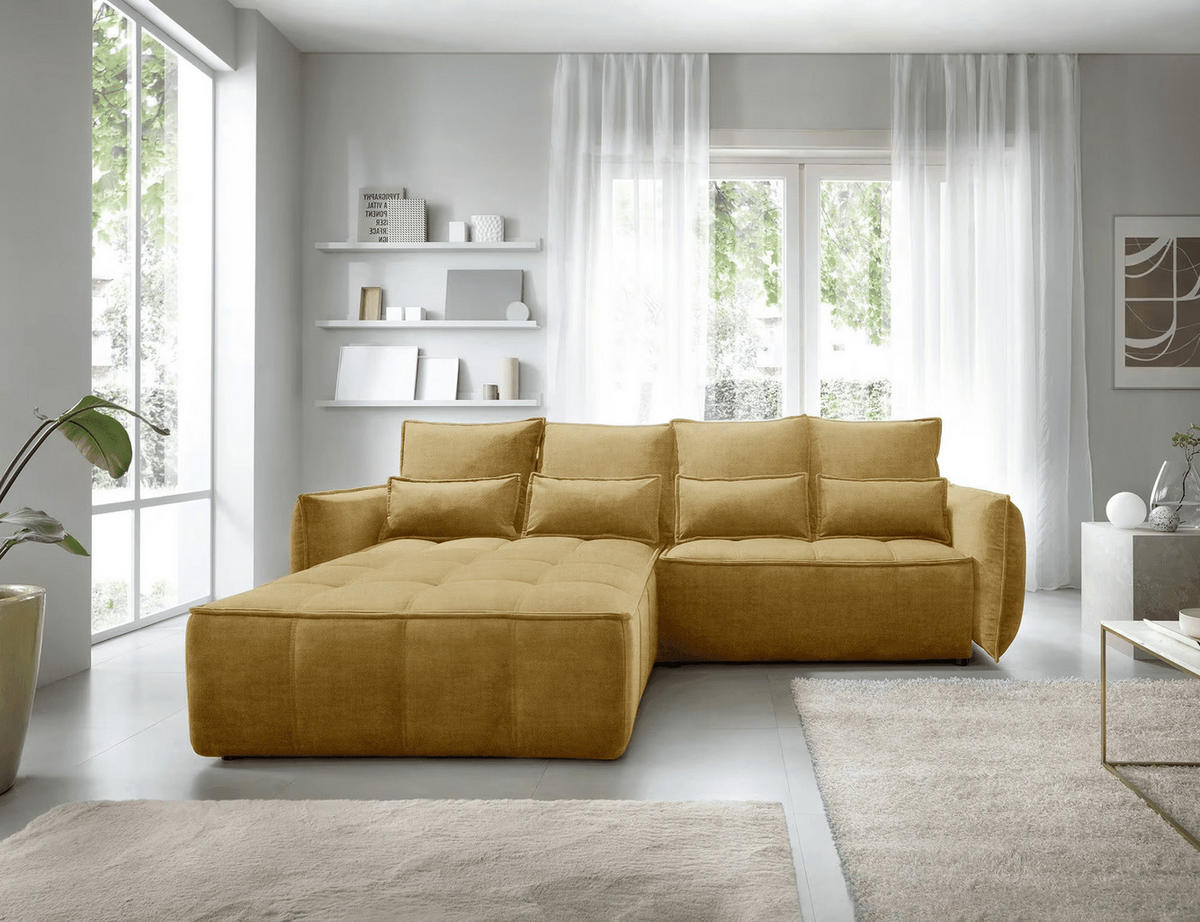 ECKSOFA mit Schlaffunktion und Bettkasten - Gelb, Textil (265/196cm) - Eltap