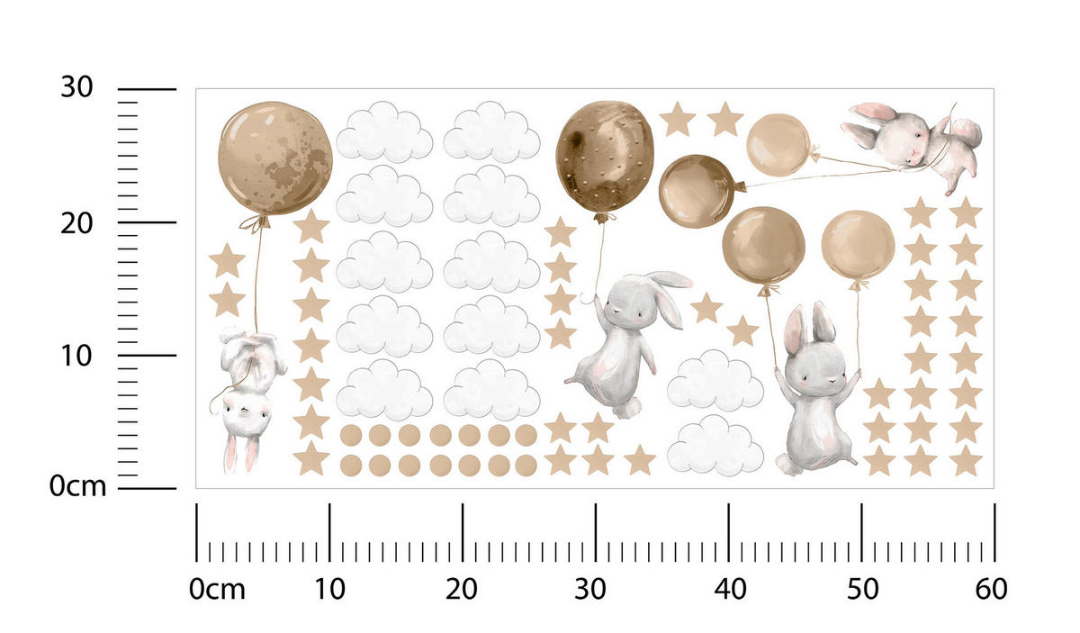 SADA NÁLEPIEK NA STENU Zajace Balóny Oblaky Hviezdy 60 x 30 cm - hnedá/sivá, papier (60/30/1cm) - Muralo