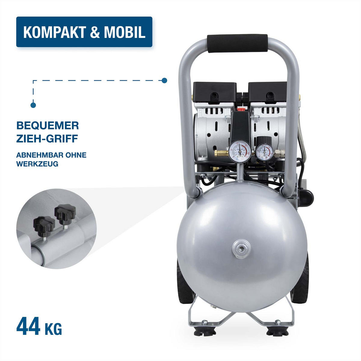 SILENT Kompressor SAC22050 SET (Druckluftkompressor leise, ölfrei, Flüsterkompressor, 67dB, 50L Kessel, 9bar, 2.2kW, 384L/Min) - Silberfarben, Metall (85/42/65cm) - HYUNDAI