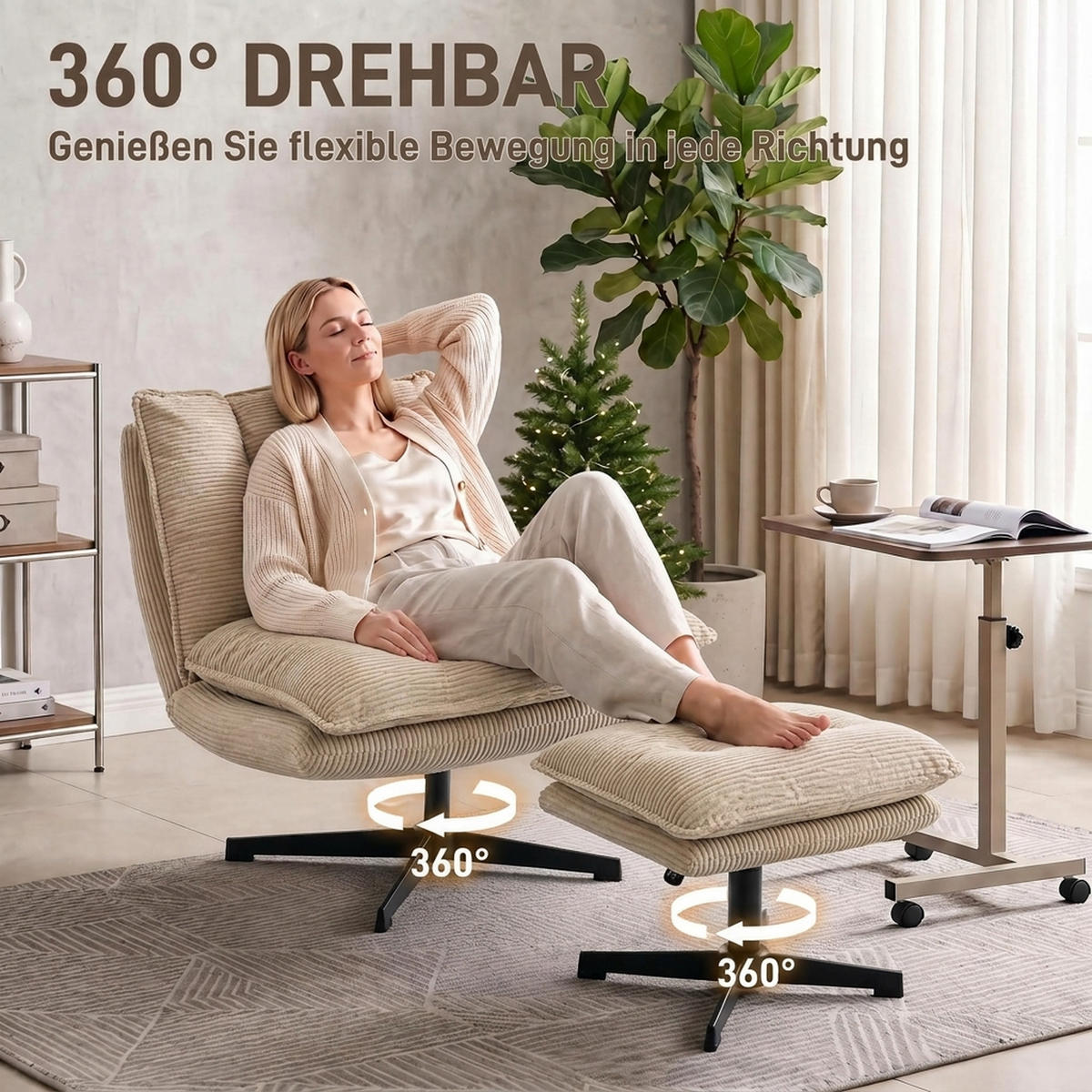 SESSEL mit Hocker Polyester Beige - Beige/Schwarz, Textil/Metall (74/89/82cm) - HOMCOM