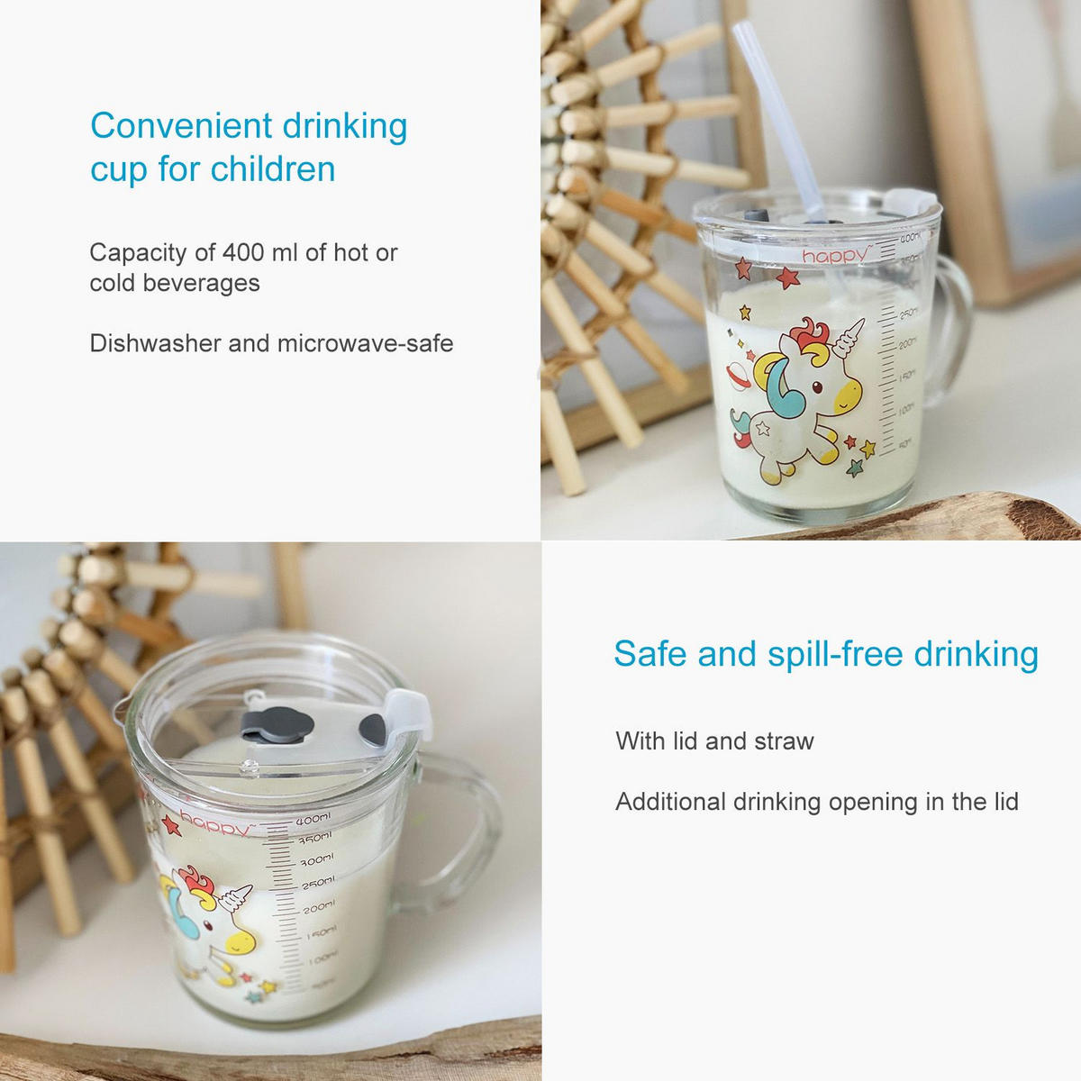 KINDER TRINKBECHER 400 ml - Weiß, Glas (8.8/11.5/12.5cm) - Intirilife