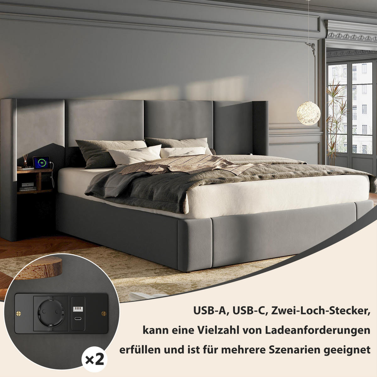 POLSTERBETT aus Samt 160x200 cm in Beige mit USB & Stauraum - Beige, Textil (160/200cm) - Modfu