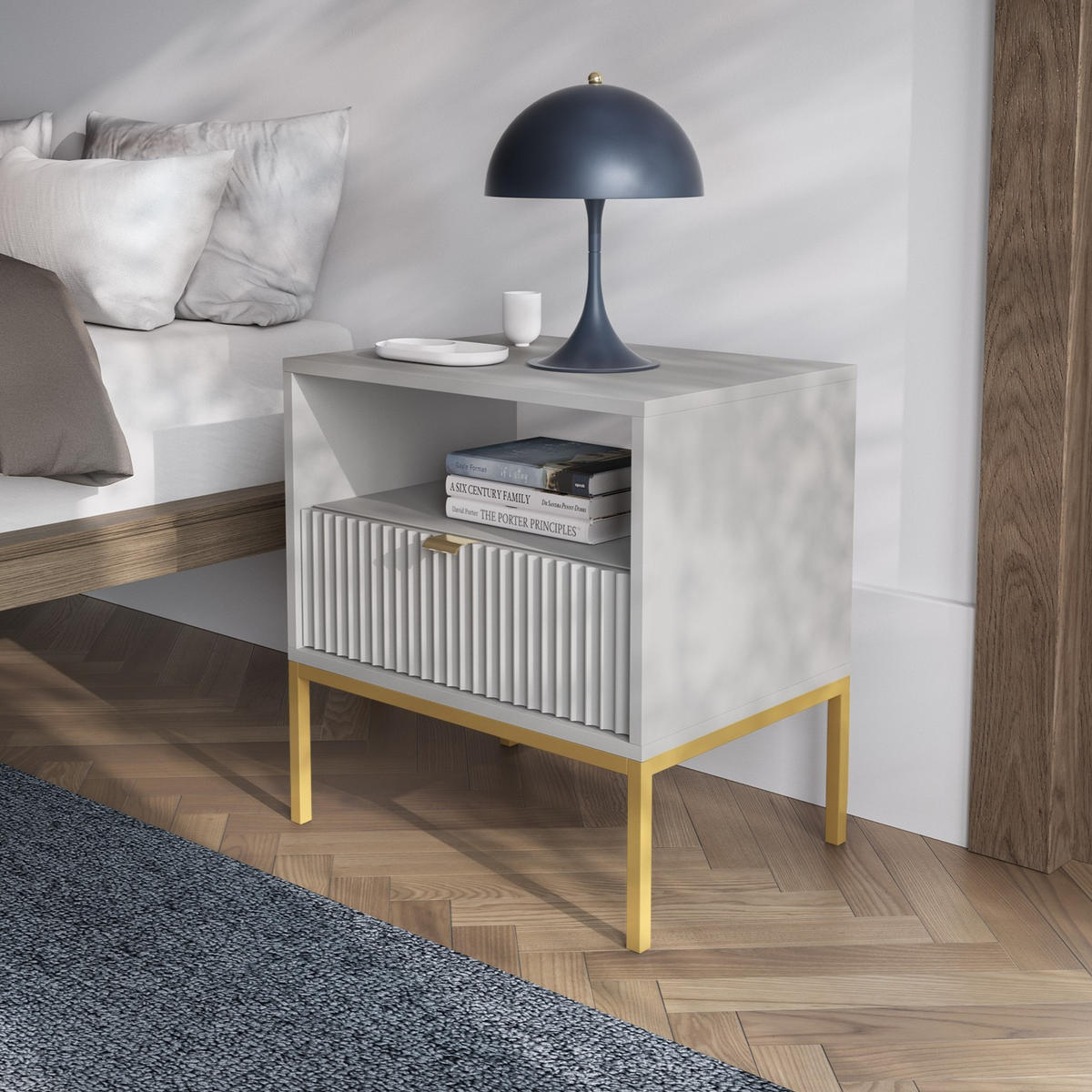 GRAUER Moderner Geriffelter Nachttisch KIOTO SN1SZ (Gold Gestell, Vollauszug) - Goldfarben/Grau, Holz/Holzwerkstoff (54/56/39cm) - Ravio