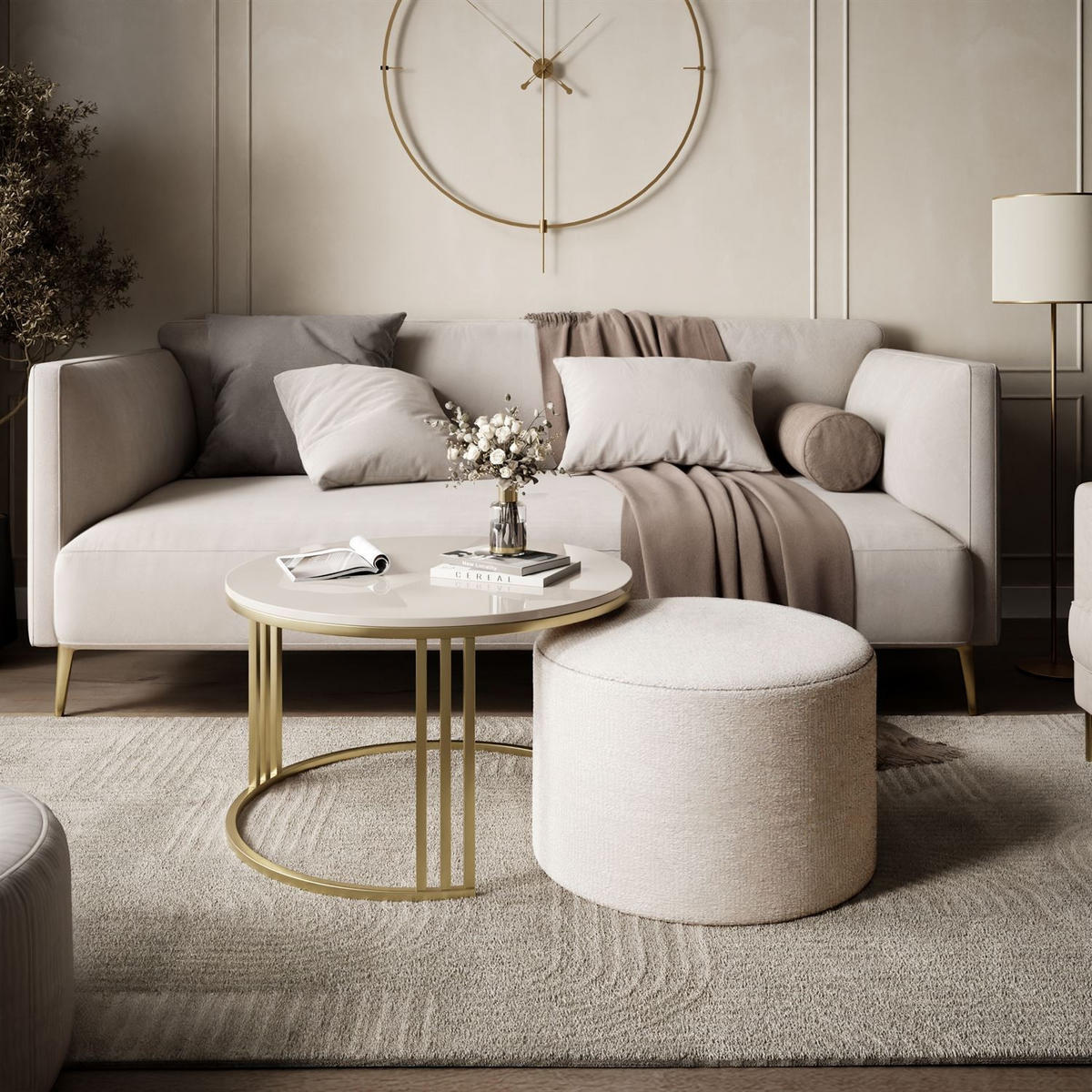 COUCHTISCH mit Hocker LORI Hochglanz gebürstetes Gold/glänzender Kaschmir/Perfect Harmony 01 - Kaschmir, Metall (70/70/49cm) - Lookway