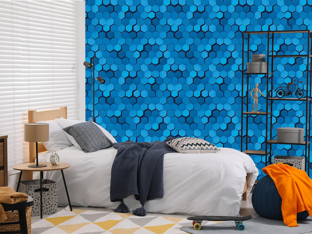 VLIESTAPETE Hexagone in 3D-Optik – Blau – 50x1000 cm - Blau, Papier (50/1000cm) - Muralo