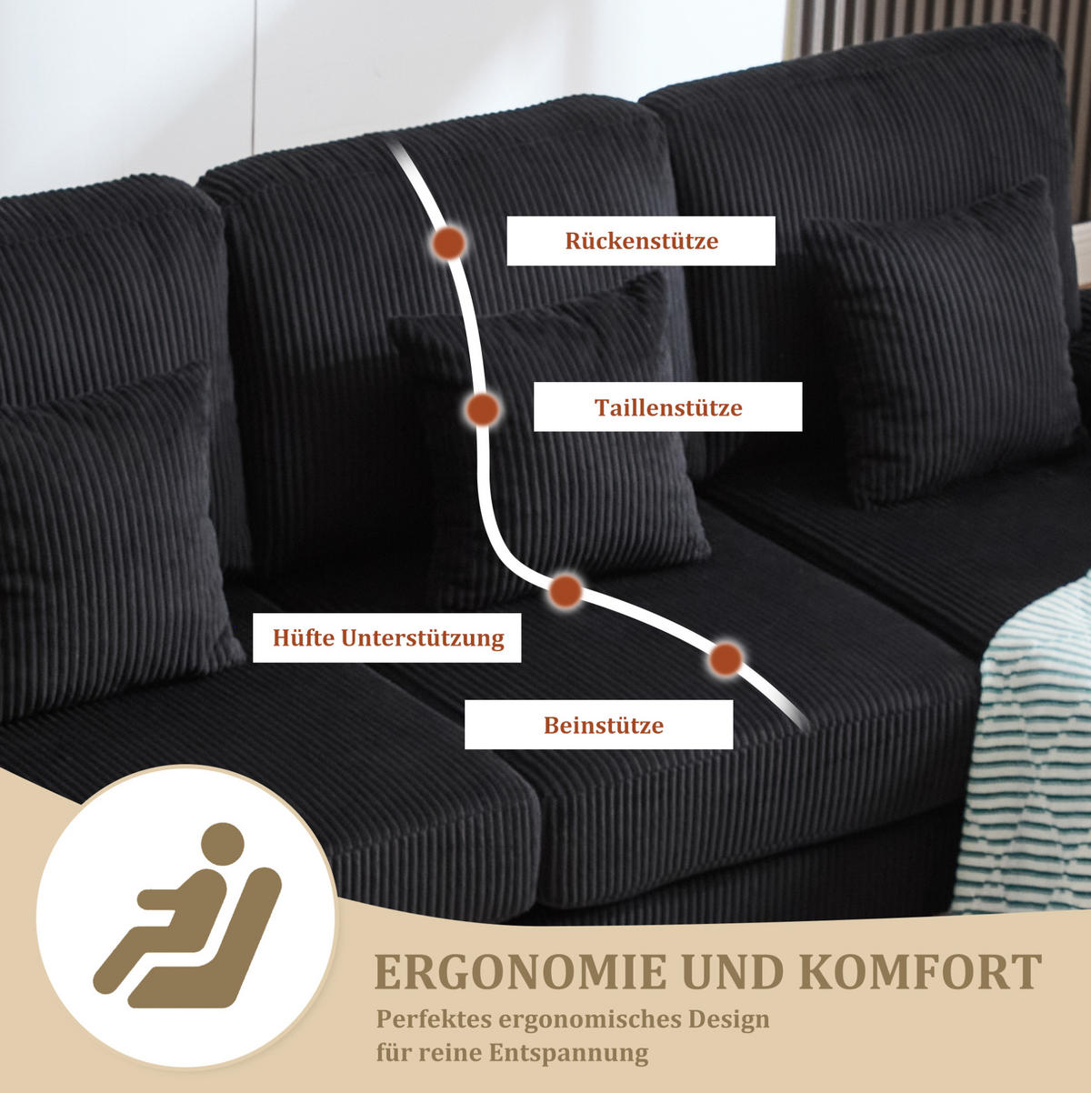 WOHNLANDSCHAFT 265/135/88 cm in Schwarz aus Samt mit LED-Beleuchtung und USB-Anschluss - Schwarz, Textil (135/88/265cm) - Flora Grace
