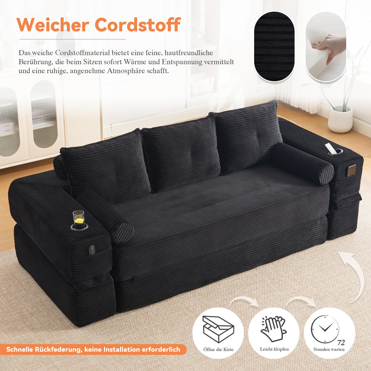 SCHLAFSOFA, 2-in-1 Klappsofa mit Getränkehalter, Modulares Bodensofa Cordstoff, Schwarz - Schwarz, Textil (232/80/98cm) - LVHOM