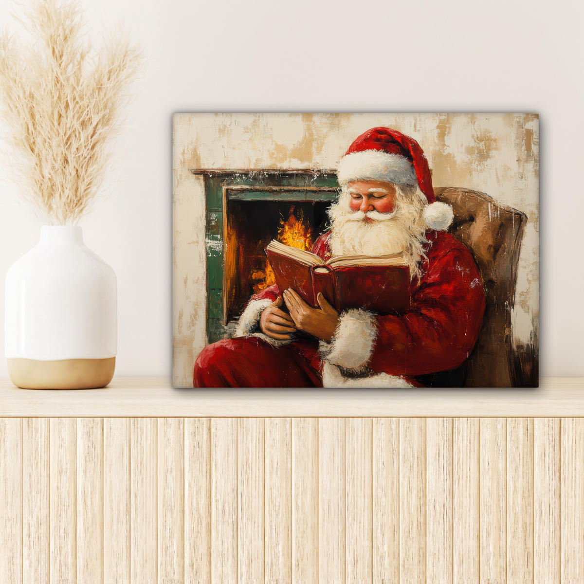 LEINWANDBILD Weihnachten - Weihnachtsmann - Winter - Open Fireside 40x30 cm - Dunkelrot, Textil (40/30cm) - MuchoWow