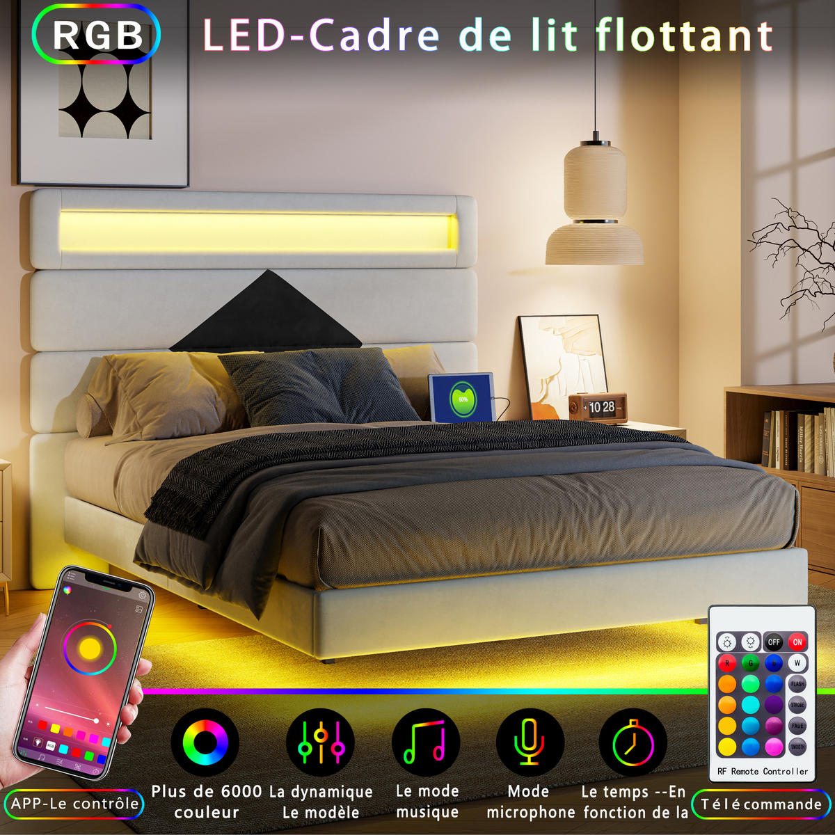 POLSTERBETT 140x190 cm LED USB Lattenrost Samt gepolstert weiß - Weiß, Holz (140/190cm) - LEBENLANG
