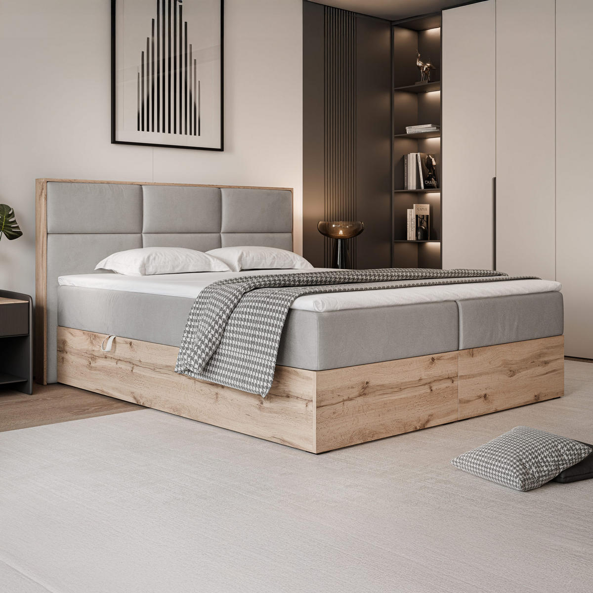 BOXBETT LAVIO 160/200 cm, in Hellgrau, mit Matratze und Topper - Hellgrau, Holzwerkstoff/Textil (160/200cm) - Idohome