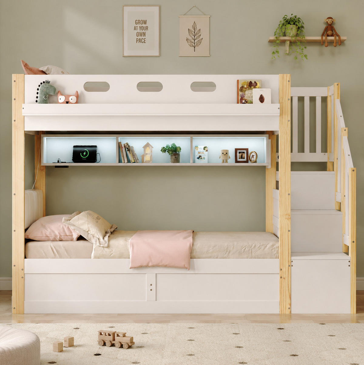 ETAGENBETT aus Kiefernholz und MDF 90x200+90x200 cm Weiß mit hydraulischem Unterbett, LED-Licht und Stauraumtreppe - Weiß, Holz (90/200cm) - Modfu
