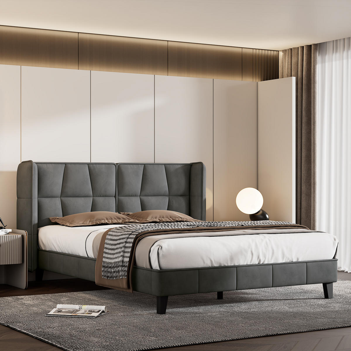POLSTERBETT 140x200, Samt, Lattenrost, Grau - Grau, Textil (140/200cm)