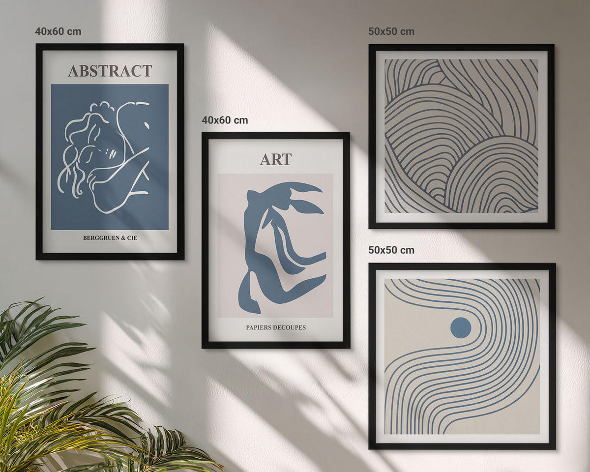 WANDBILDER 4er-Set - 50x50 cm & 40x60 cm Schwarzer Rahmen - Poster mit abstrakten Linien und Wellen - Schwarz, Kunststoff (50/50cm) - ArtPrintCave