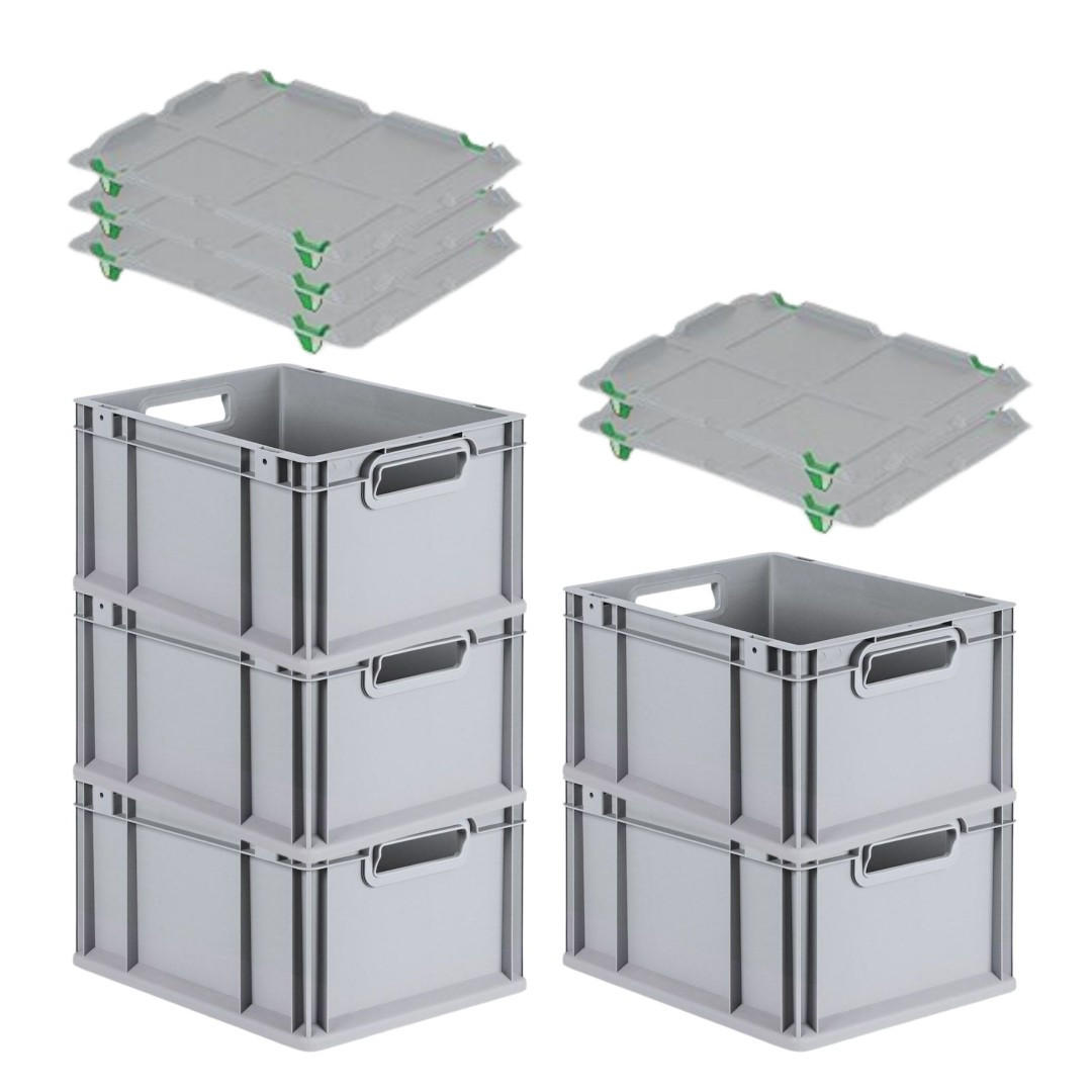 EUROBOX 5x Nextgen Economy Mit Auflagedeckel Grau/Grün Griffe Offen 20 Liter - Grün, Kunststoff (30/22/40cm) - PROREGAL