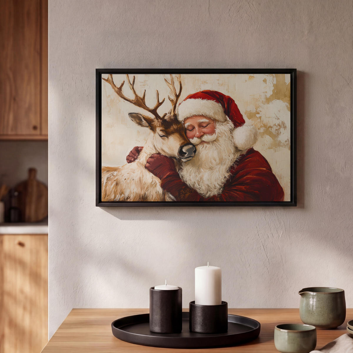 LEINWAND Bilder mit Rahmen - Weihnachtsmann - Rentier - Weihnachten - 30x20 - Rotbraun, Textil (30/20cm) - MuchoWow