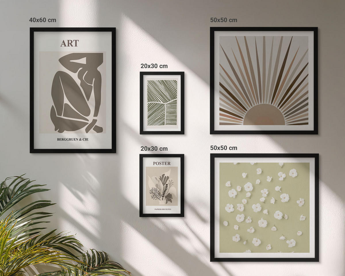 BILDER SET 5er Set - 50x50 cm & 20x30 cm & 40x60 cm Schwarzer Rahmen - Pflanzenmotive in gedeckten Farben - Schwarz, Kunststoff (40/60cm) - TULUP