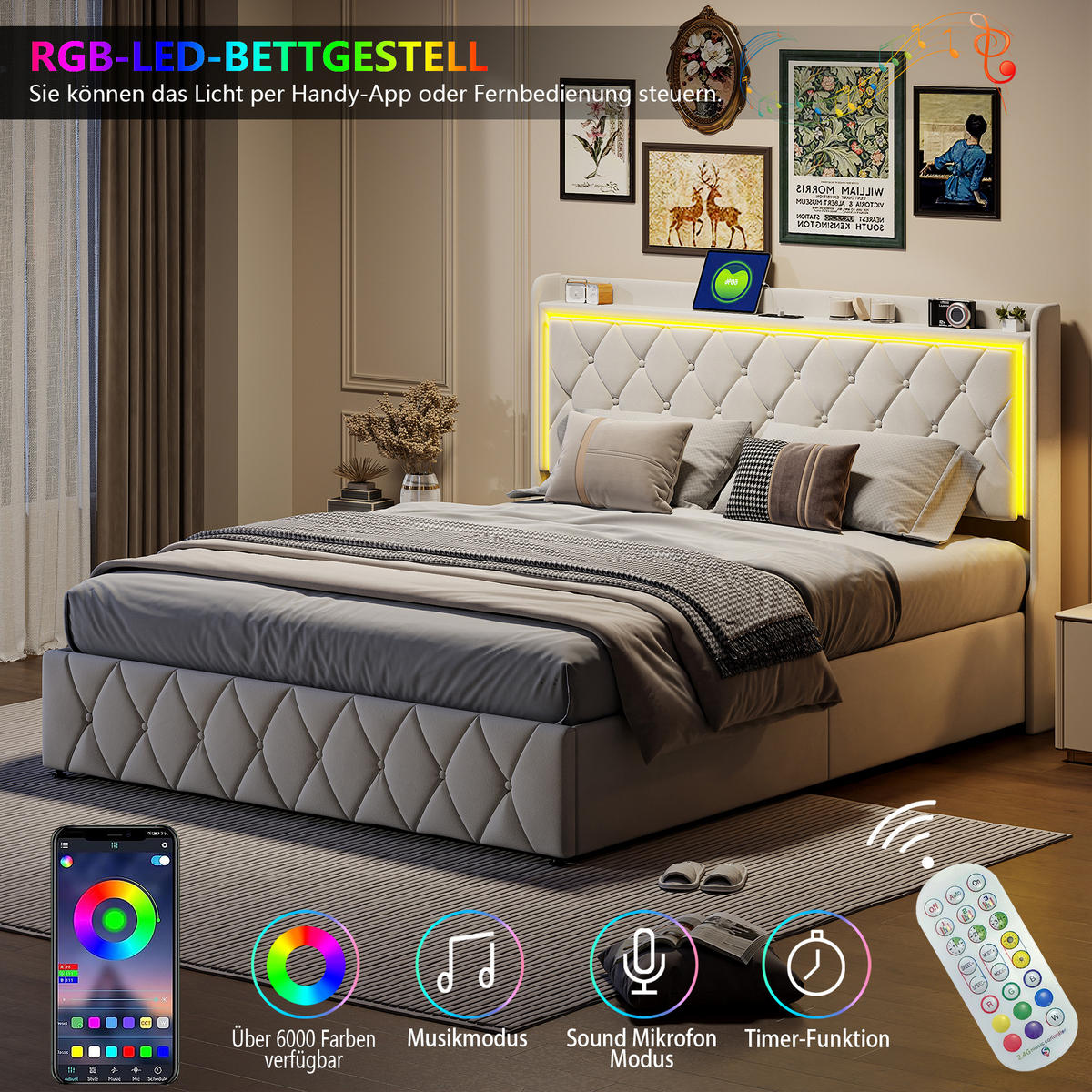 POLSTERBETT 140x200 cm Beige mit LED, USB und Type-C, Stauraumkopfteil & Bettkasten - Beige, Holz (140/190cm)
