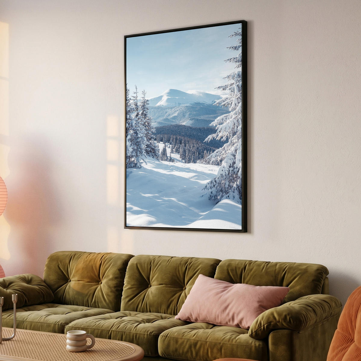 LEINWAND Bilder mit Rahmen - Winterlandschaft - Natur - Berge - Bäume - Schnee - 100x150 - Hellblau, Textil (100/150cm) - MuchoWow