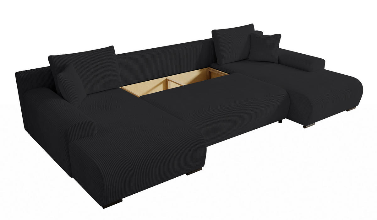 WOHNLANDSCHAFT Nelly U mit Bettkasten und Schlaffunktion, Cordstoff in U-Form - Schwarz, Textil (349/80/185cm)