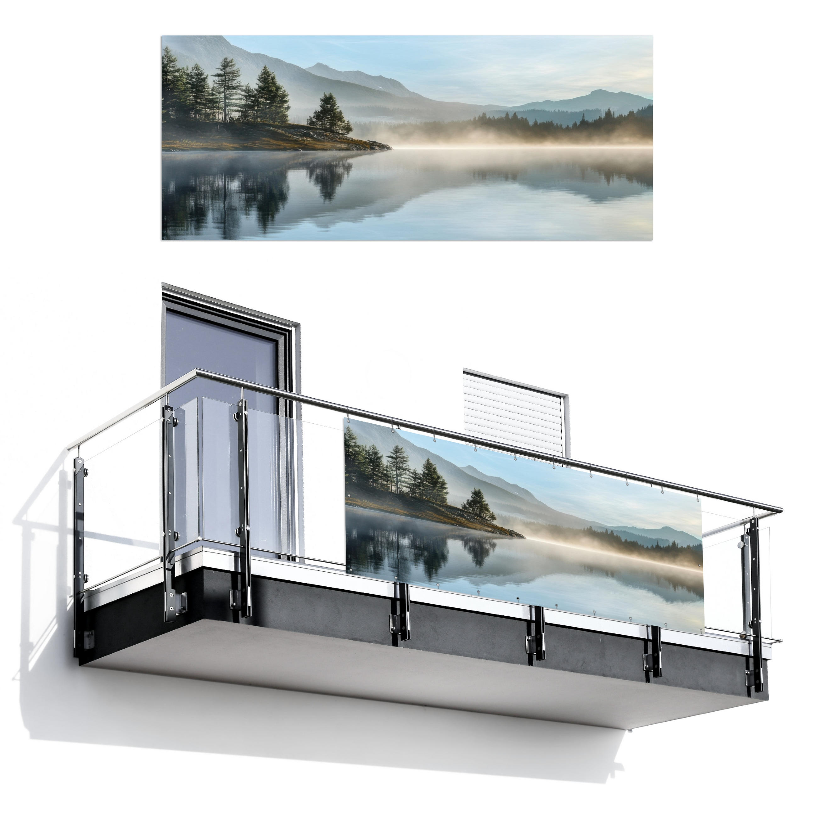 MuchoWow BALKONOVÁ ZÁSTĚNA Jezero - Mlha - Hory - Krajina 300x120 cm