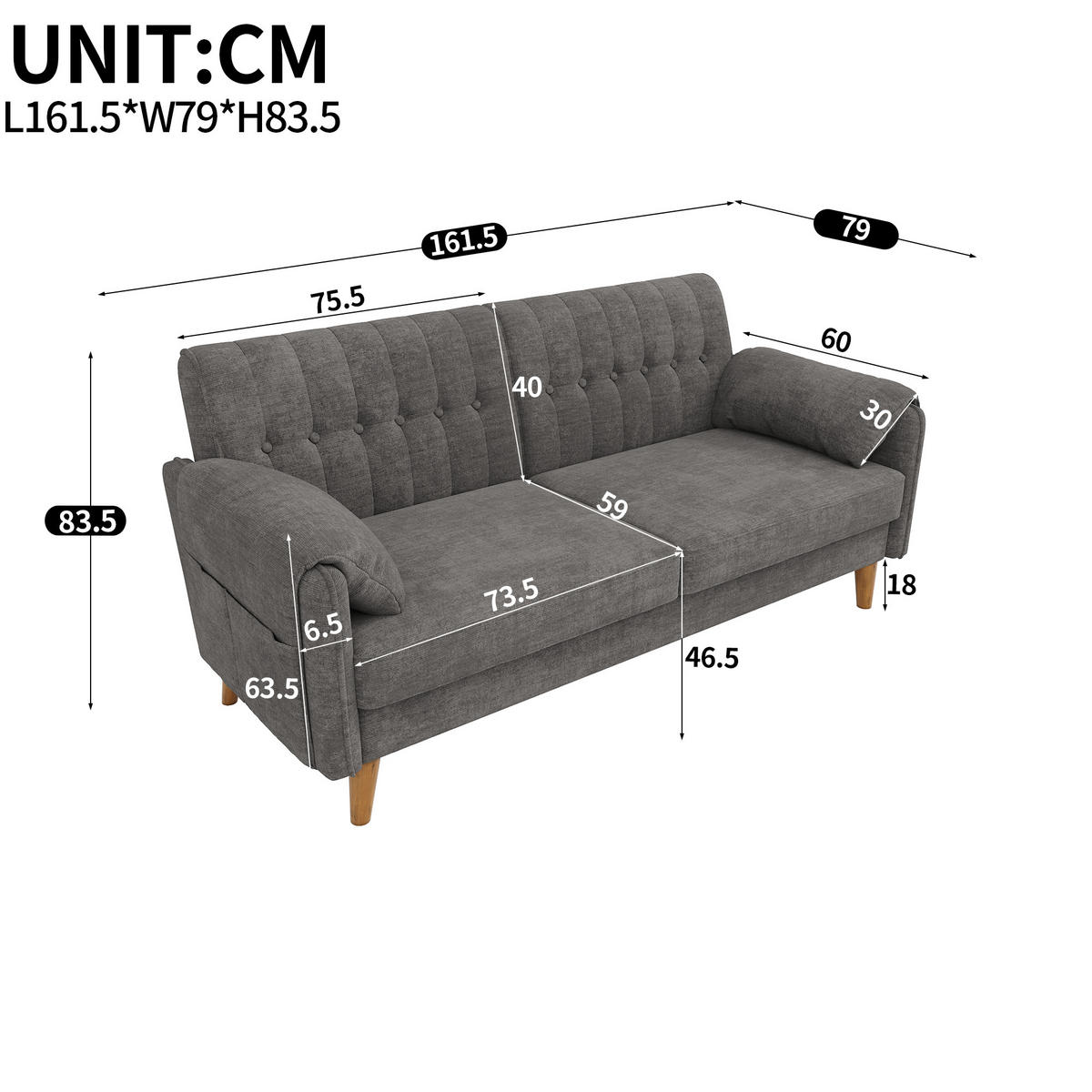 2-SITZER-SOFA Chenille mit Massivholzbeinen, DE-42464, Hellgrau - Hellgrau, Holzwerkstoff (161.5/83.5/79cm) - ComfortXL