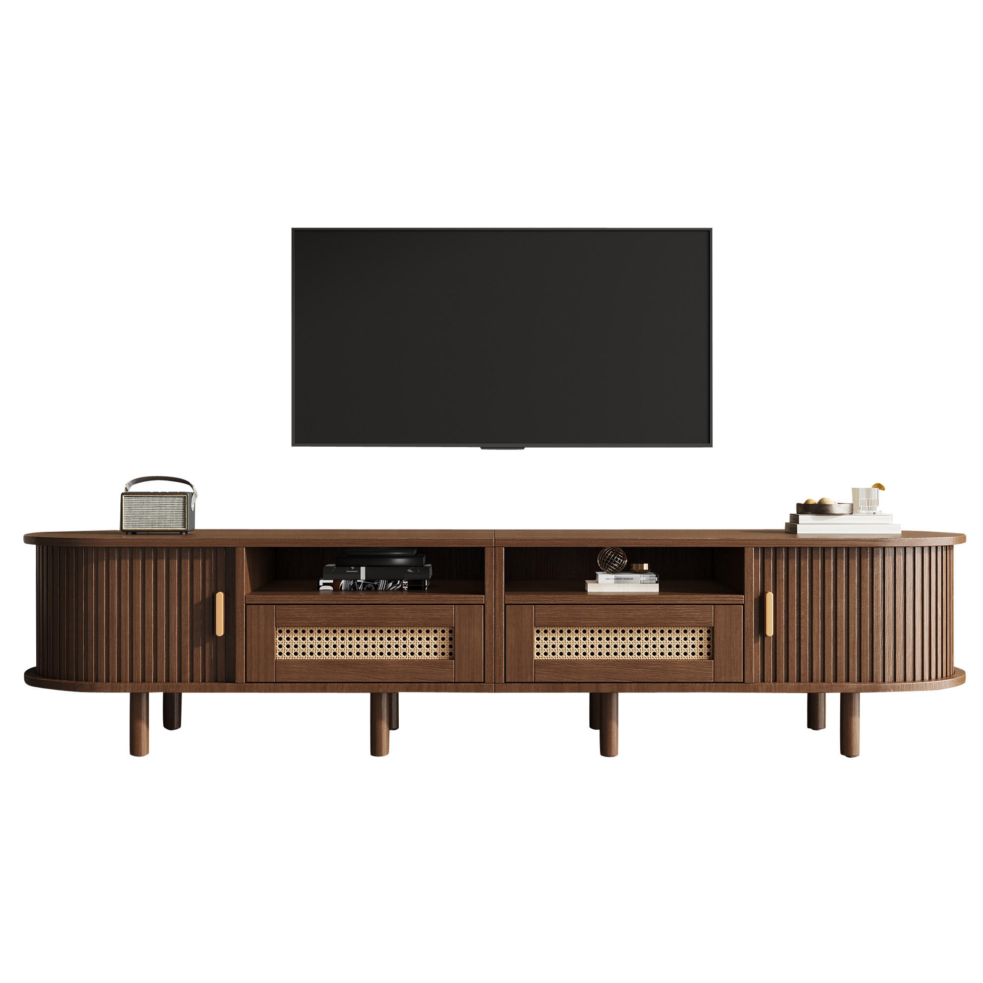 TV-LOWBOARD 170/40/40 cm mit 2 Schubladen, 2 Schiebetüren und Rattan-Optik aus MDF/Metall/Massivholz, Dunkle Eiche - Braun, Holzwerkstoff (170/40/40cm) - Redom