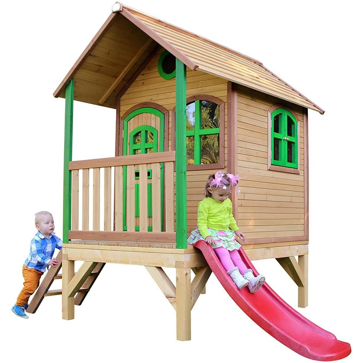 KINDERSPIELHAUS TOM Braungrün mit Rutsche Rot - Rot, Holz (187/227/262cm) - Axi House