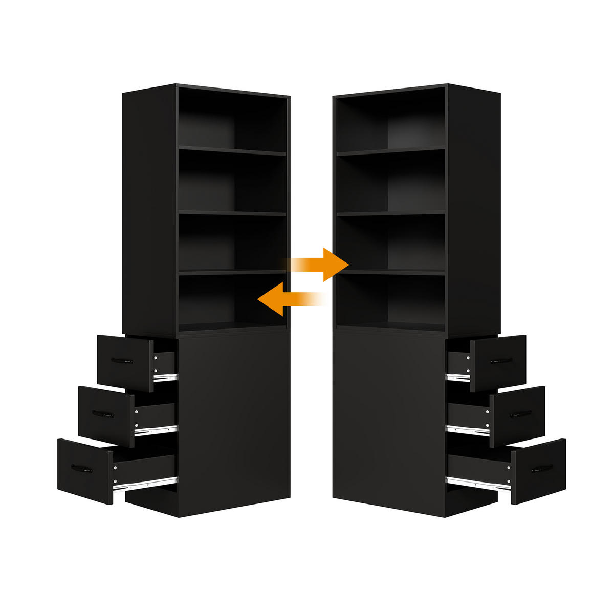 BÜCHERREGAL 180cm schmal Schubladen verstellbar links/rechts modern - Schwarz, Holzwerkstoff (60/180/30cm) - FLIEKS