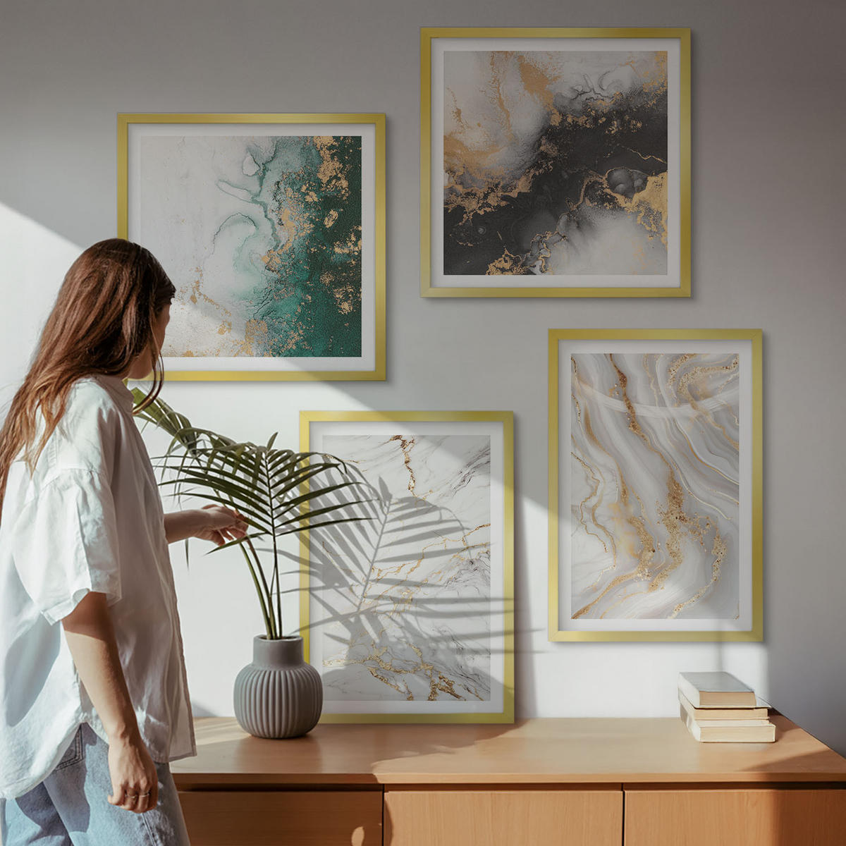 WANDBILDER 4er Set - 50x50 cm & 40x60 cm Goldrahmen - Abstrakte Muster weiß schwarz grün - Goldfarben, Kunststoff (50/50cm) - ArtPrintCave