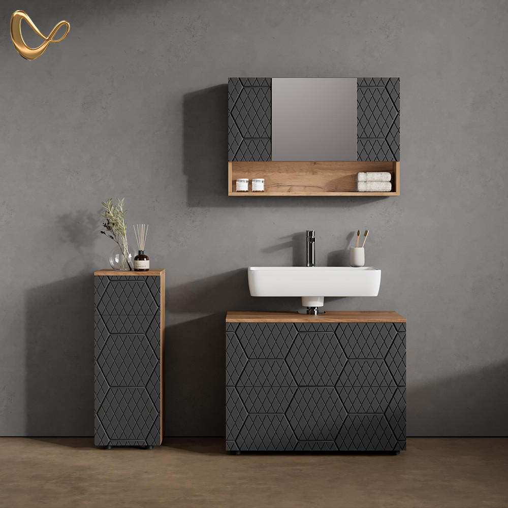 BADMÖBEL-SET Ronco Anthrazit gestreift 3 Teile, mit Schubladenschrank und Midischrank - Honigeiche/Anthrazit, Holzwerkstoff (80/58/41cm) - Livinity®