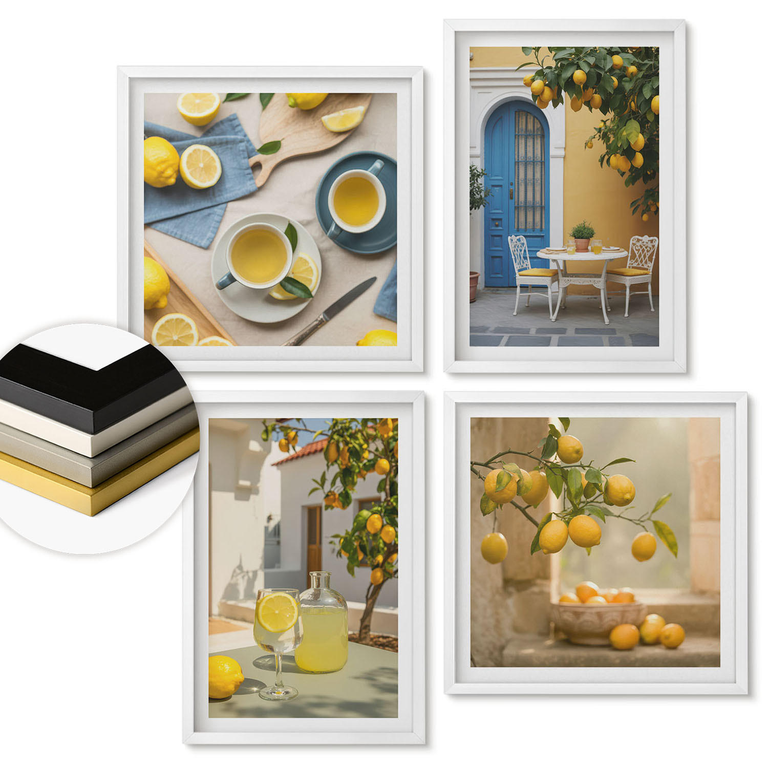 WANDBILDER 4er-Set - 50x50 cm & 40x60 cm Weißer Rahmen - Zitronenlimonade blaue Tür - Weiß, Kunststoff (50/50cm) - ArtPrintCave