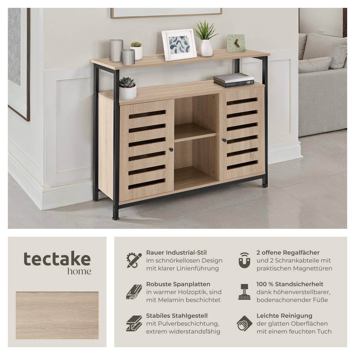 SIDEBOARD Warrington,mit höhenverstellbaren Kunststofffüßen, 100 x 37 x 82 cm,Industrial Holz hell, Eiche Sonoma - Naturfarben, Holzwerkstoff (37/82/100cm) - tectake