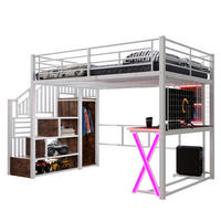 HOCHBETT 140/200 cm aus Metall und MDF mit LED-Beleuchtung, Schreibtisch und Kleiderschrank Weiß - Weiß, Metall (140/200cm) - Modenvie