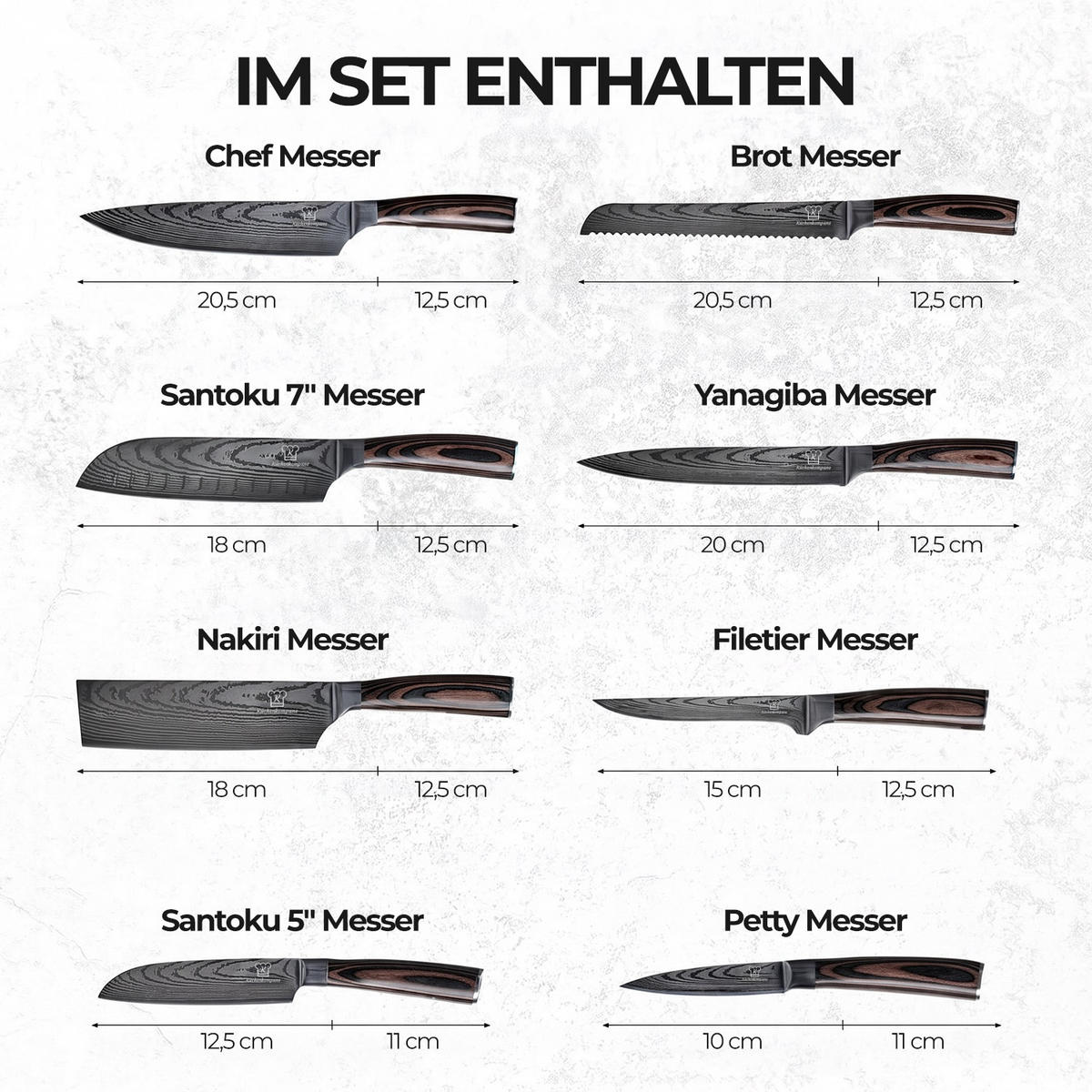 KÜCHENKOMPANE Profi Messer-Set 8-tlg. – Edelstahl Küchenmesser mit Pakkaholz-Griffen - Braun, Holz/Metall - Küchenkompane