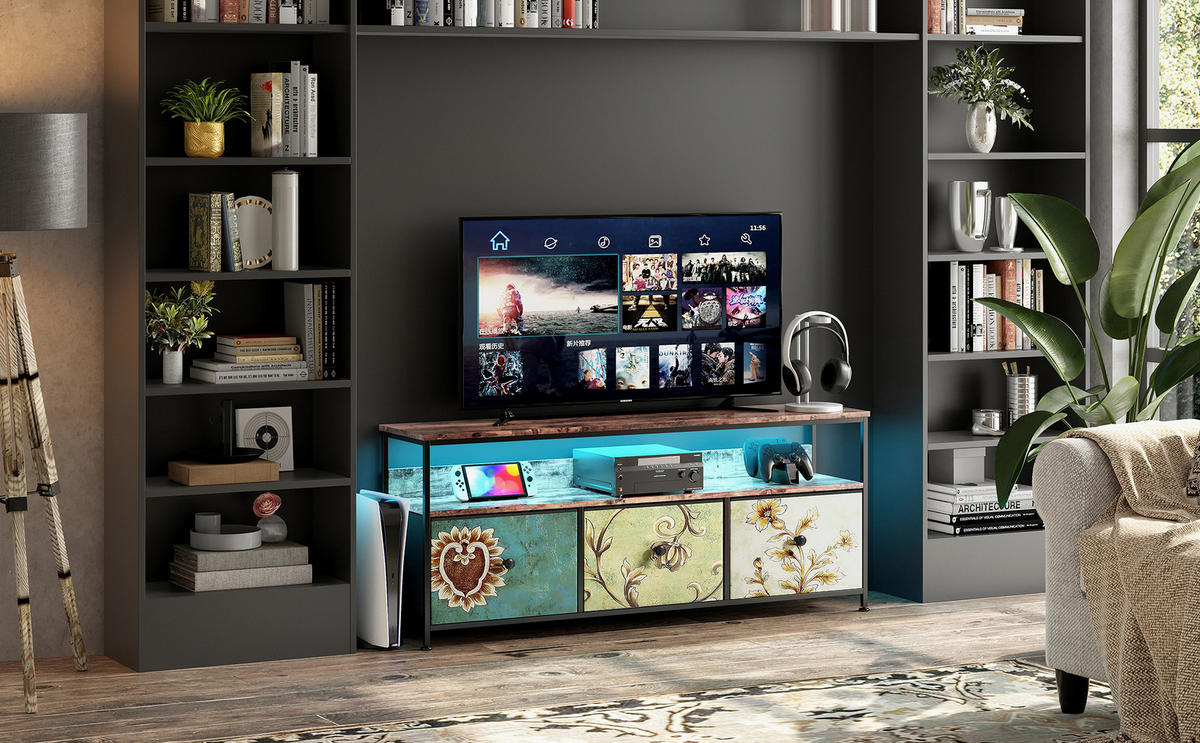 HÖG LED-TV-bänk, 137 cm, färgglada tyglådor, modern - Multicolor, Träbaserade material (29.8/57/137cm) - SHOPENTRA