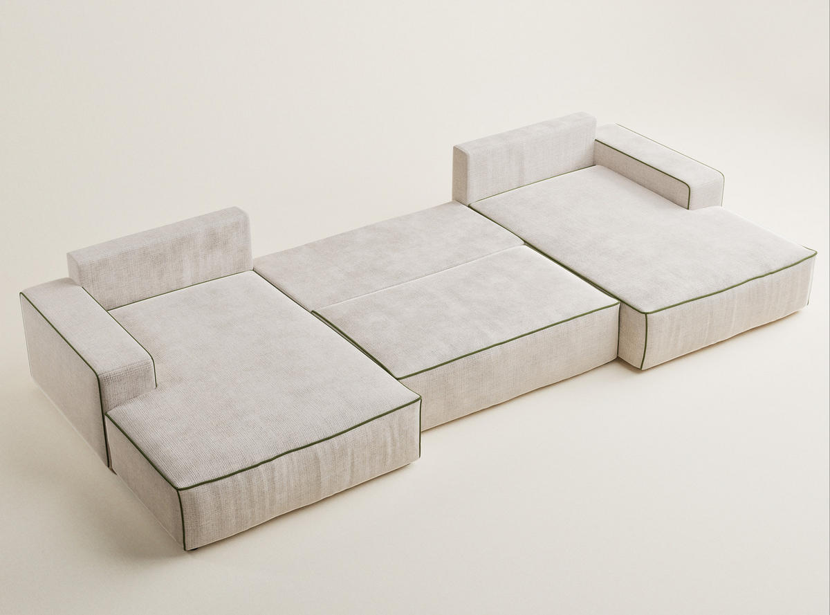 WOHNLANDSCHAFT Deseo Creme-Olivgrün Chenille-Stoff - Creme/Schwarz, Holz/Holzwerkstoff (398/70/148cm) - Maison de Reve