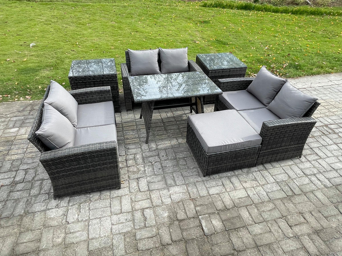 GARTENMÖBELSET mit ESSTISCH,HOCHLEHNER-SOFA Polyrattan Dunkelgrauer Mix 7-Sitzer - Dunkelgrau/Grau, Glas/Kunststoff - Fimous