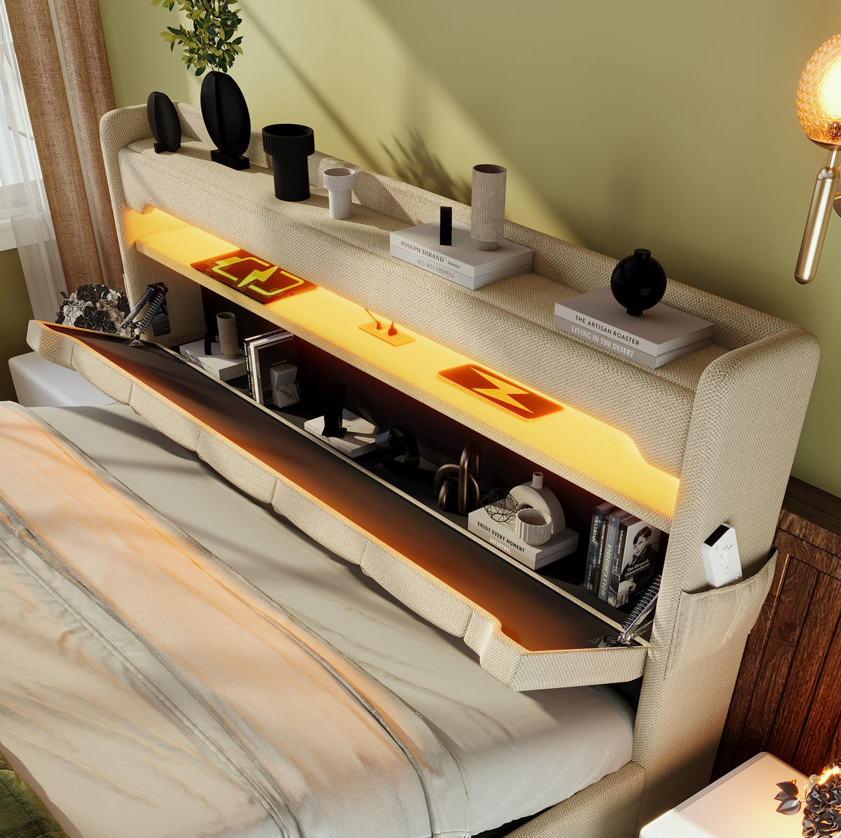 BETT mit Stauraum und LED 180x200 cm Leinen Beige - Beige, Metall (180/200cm) - Meubliv