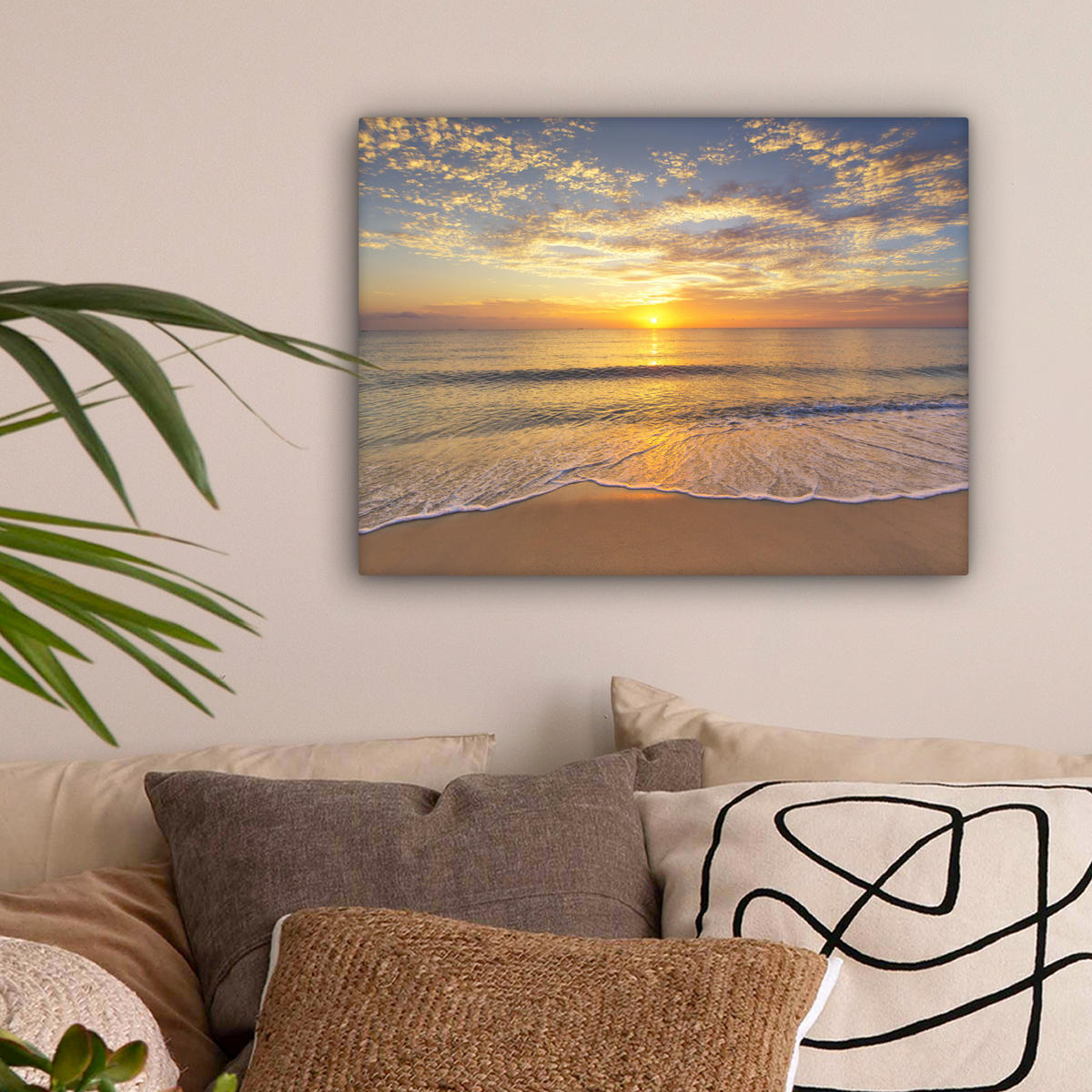 LEINWANDBILD Strand - Sonnenuntergang - Meer Wandbild 40x30 cm - Gelb, Textil (40/30cm) - MuchoWow
