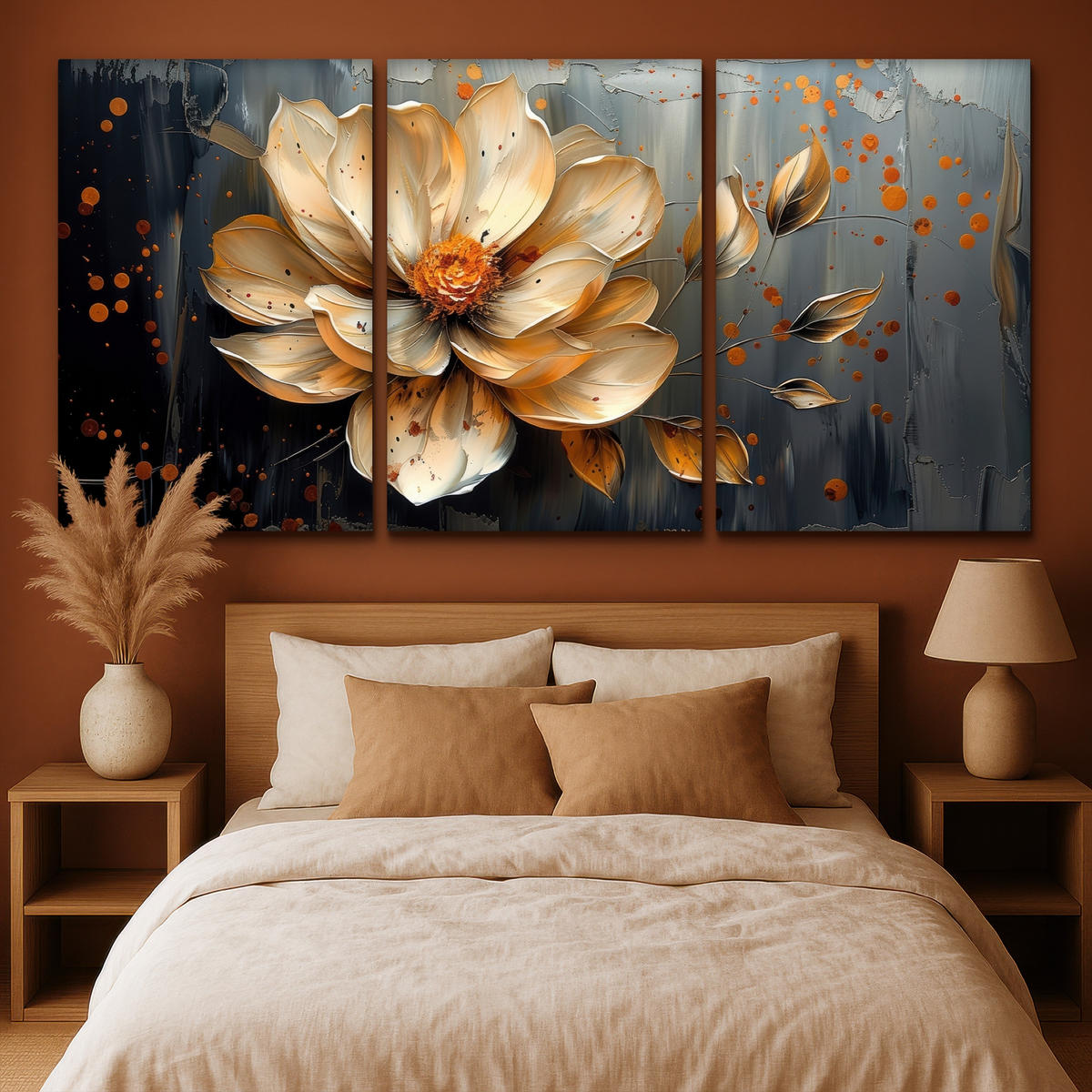 LEINWANDBILD 3er Set Blume - Gold - Abstrakt - Farbe 240x120 cm - Creme, Textil (240/120cm) - MuchoWow