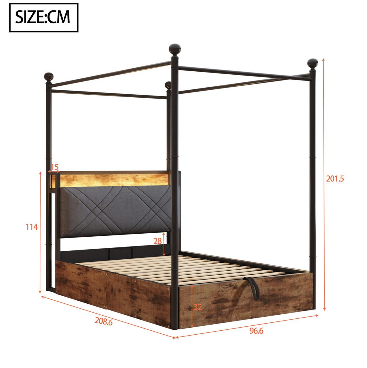 METALLBETT 90/190 cm Schwarz mit Stauraum, LED-Beleuchtung und USB-/Type-C - Schwarz, Metall (90/190cm) - Flora Grace