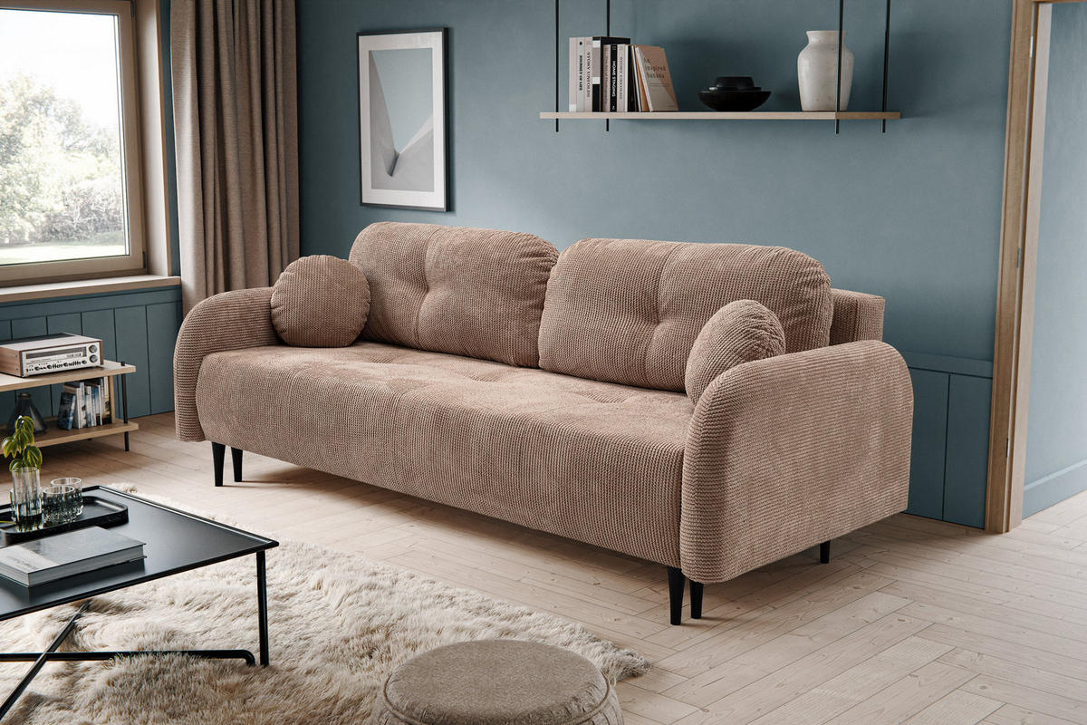 BETTSOFA VIVO Braun Geflochtener Stoff mit Schlaffunktion - Braun, Holz (230/95/102cm) - MASSENO