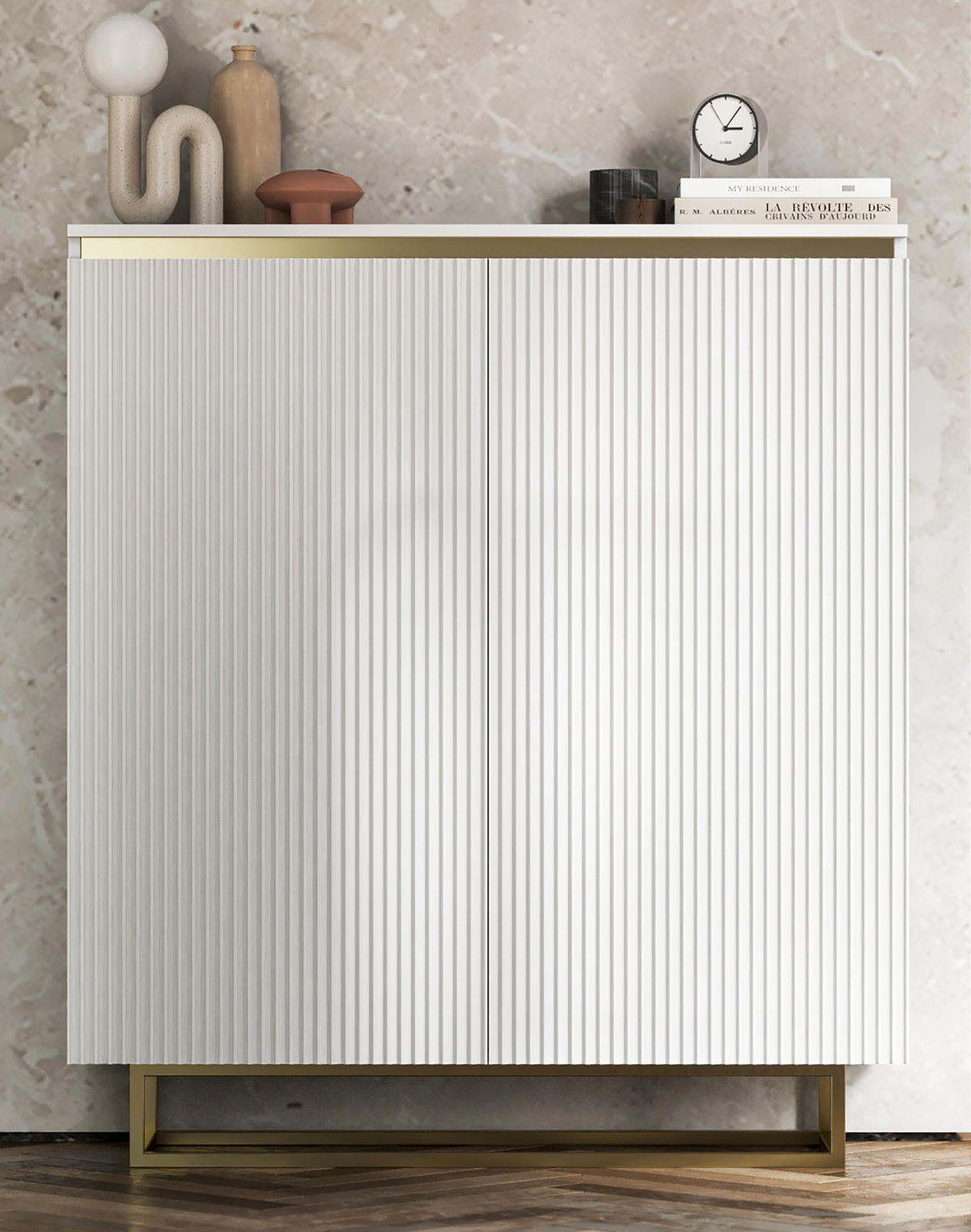 HIGHBOARD Selene 2D Weiß Matt 111 cm goldfarbener Rahmen - Goldfarben/Weiß, Holzwerkstoff/Metall (111/125/35cm) - Meble Lindner