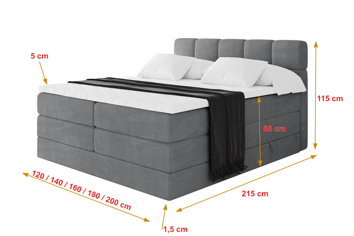 BOXBETT mit Matratze H3/H4 - FAMA KING - 160x200 cm Dunkelgrau Poso - Taupe, Holzwerkstoff (160/200cm) - ALTDECOR