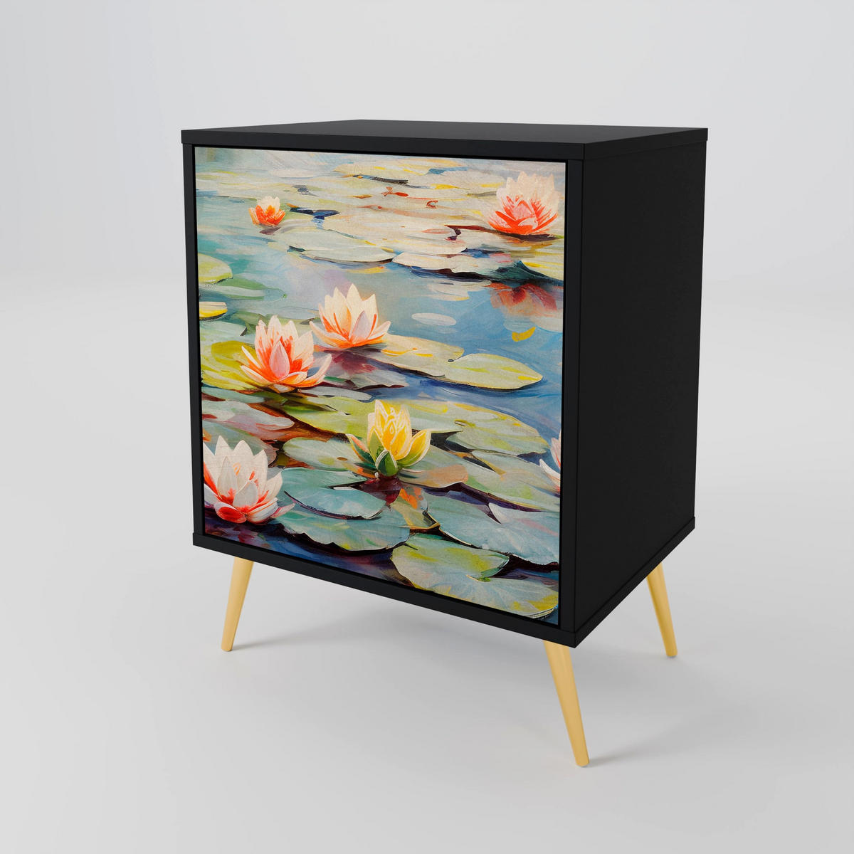 SIDEBOARD BLOOMING WATERS, Schwarz, 57,5x42x70,5 cm, Schwarze Metall-Sternfüße - Multicolor/Schwarz, Holzwerkstoff/Metall (57.5/70.5/42cm) - SpaceRebels