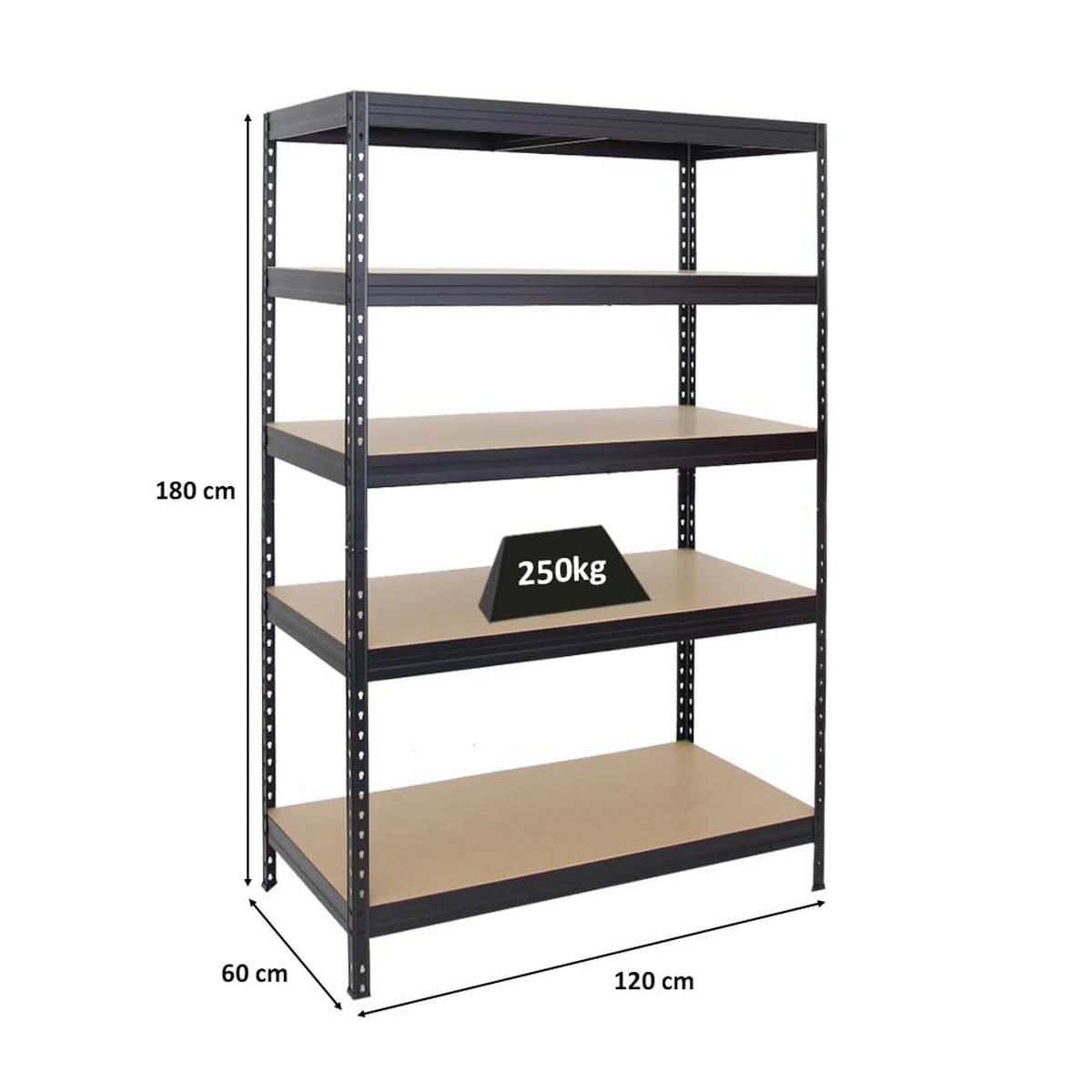 SCHWERLASTREGAL Rivet 180x120x60 cm Fachlast 250 kg Innovatives Stecksystem Schwarz - Schwarz, Metall (120/180/60cm) - PROREGAL